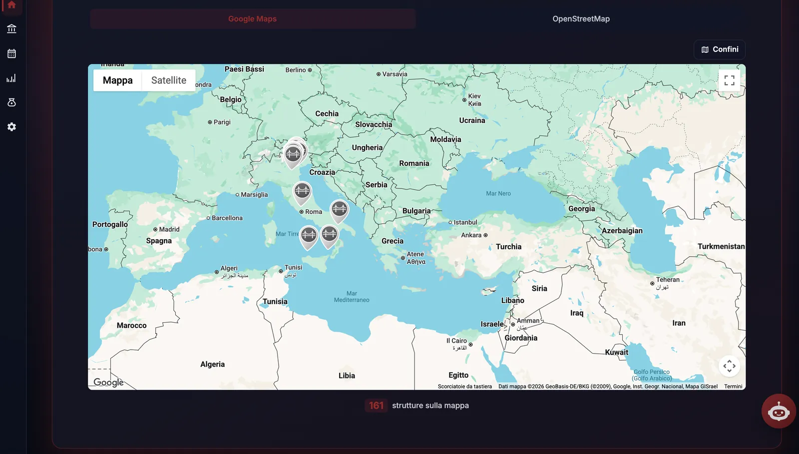 The platform showing a portfolio of bridges as markers on a map of the Mediterranean, with a count of the structures on the map